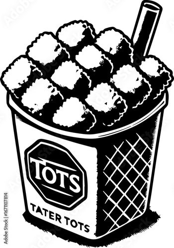 Illustration of a container filled with tater tots and a straw in black and white style art