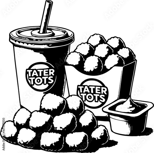 Illustration of tater tots in a container with a drink and a side of dipping sauce snack food