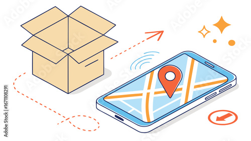 Delivery Tracking App Package Location Online Shopping Smartphone Map Mobile GPS Navigation E-commerce Logistics Order Status Box and Phone Illustration Tracking Parcel Shipping Route Delivery Servic.