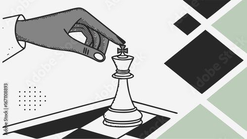 Strategic Move Hand Moving Chess King Piece on Board Business Strategy Illustration.