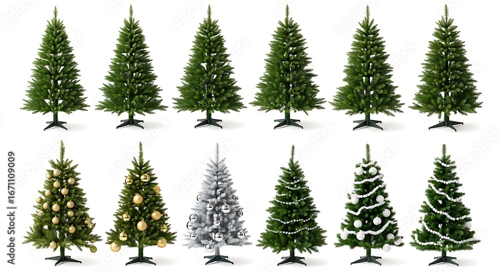 Obraz premium Collection of Decorated and Undecorated Christmas Trees on White Background evergreen pine