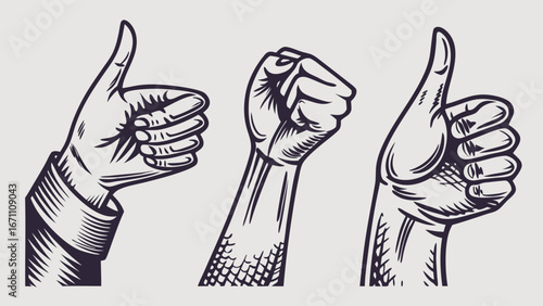 Vintage Hand Gestures Thumbs Up Fist and Hand Gesture Illustration Set.