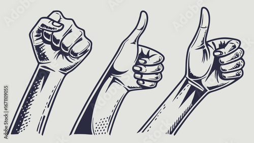 Vintage hand gestures fist thumbs up approval agreement illustration.