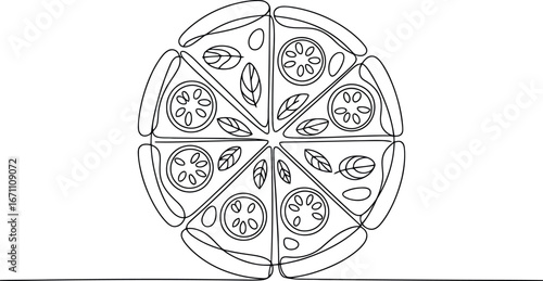  a black and white line art illustration of a whole pizza, neatly cut into several slices.
