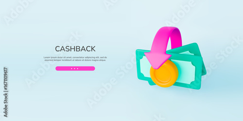 3d cashback banknote landing page. Realistic stack banknotes with gold coin, pink arrows around. Money saving, transfer, exchange concept. Banner cash refund. Vector illustration on blue background.