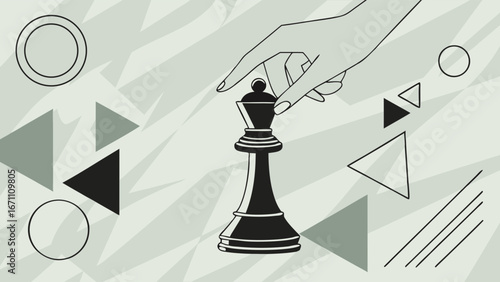 Hand moving a black chess queen piece on an abstract background with geometric shapes.
