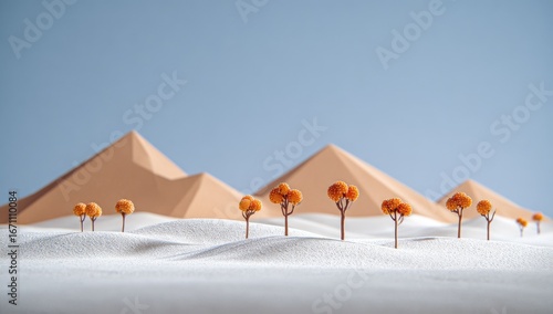 Miniature desert landscape with small trees.