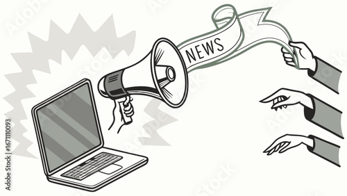 Online News Announcement with Laptop and Megaphone Illustration.