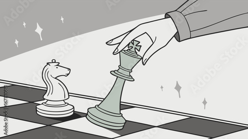 Hand Moving Chess King Piece on Board Strategy Game Illustration.