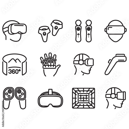 A set of icons related to virtual reality and augmented reality. Thin line style vectors.