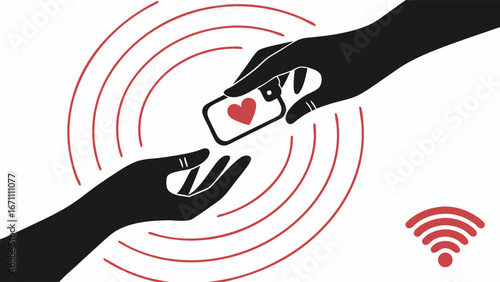 Sharing love online digital connection wireless transfer mobile phone exchange heart icon hands technology concept.