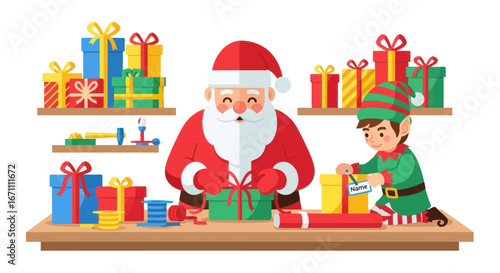 Santa Claus and elf working together in the workshop to prepare Christmas gifts with great care