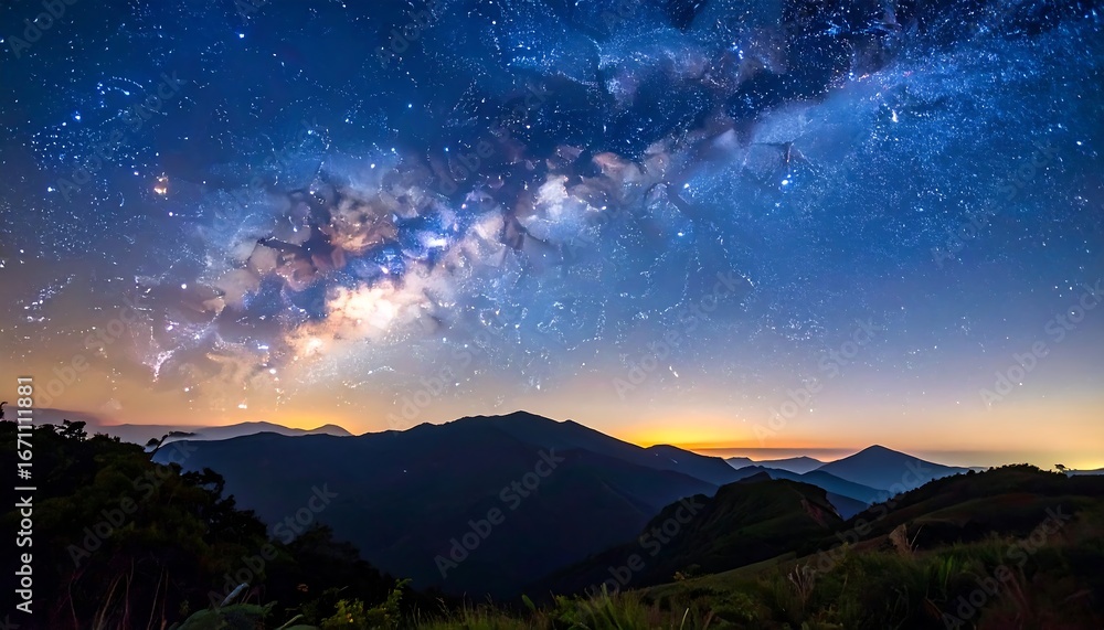 Fototapeta premium Celestial Spectacle The Milky Way Arching Over Majestic Mountain Silhouettes at Dusk