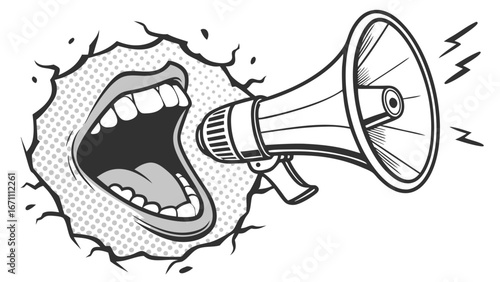 A megaphone bursting from a comic book style mouth announcing a message vector illustration monochrome pop art style graphic design element.