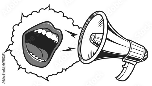 Illustration of a mouth shouting into a megaphone announcement communication concept.