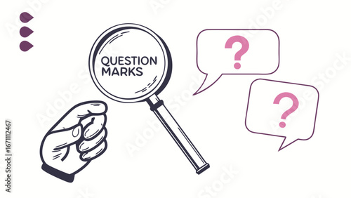 Hand holding magnifying glass with question marks in speech bubbles illustration.