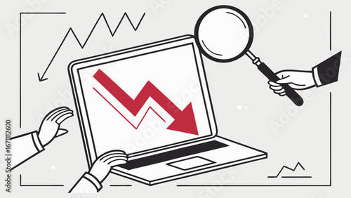 Analyzing a declining trend on a laptop screen with a magnifying glass.