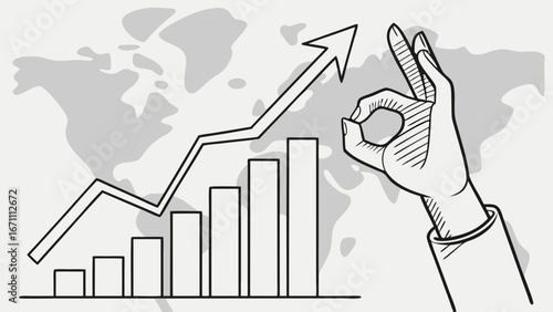 Hand gesturing okay sign with upward trending bar graph and world map in the background.