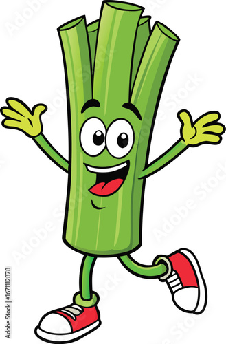 Vector art of cartoon leek character is walking and smiling