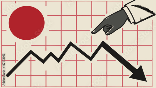 Financial graph showing downward trend hand pointing at decreasing chart economic crisis illustration business decline investment loss market downturn stock market crash recession concept.