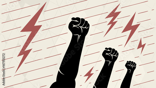 A powerful graphic illustration of raised fists and lightning bolts symbolizing strength protest and revolution.