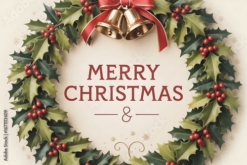 Elegant Merry Christmas holiday wreath with golden bells and red ribbon for festive seasonal greetings