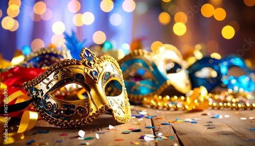 Festive masks on rustic wood