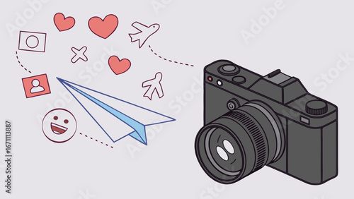 Isometric illustration of a camera with social media icons and paper airplane travel and photography concept.