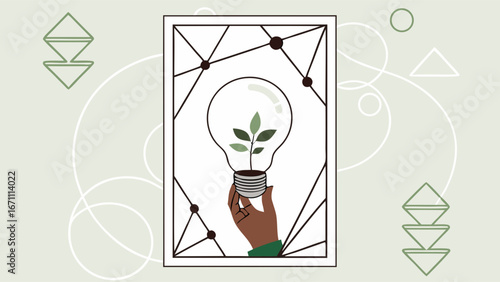 A hand holding a lightbulb with a plant inside representing growth sustainability and new ideas.