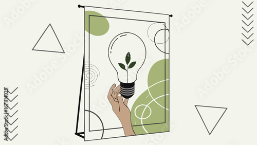 Abstract art poster design featuring a lightbulb with a plant inside held by hands with geometric shapes and lines in the background.