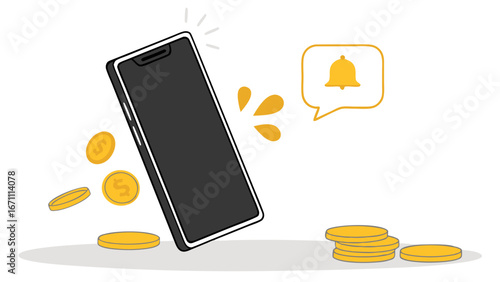 Smartphone notification with coins and money transfer illustration.