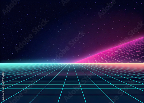Retro Futuristic Holographic Gradient Background Teal Pink Grid Cyberpunk Synthwave 80s Style Night Sky Starscape
