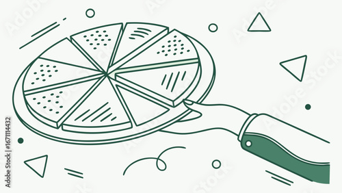 Hand holding a pizza on a round tray sliced into eight pieces line art illustration.