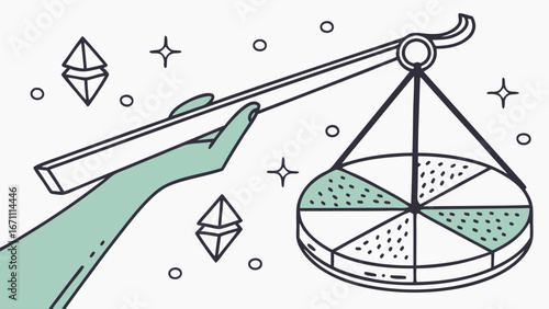 Hand holding scales with pie chart and crystals balance equilibrium proportion harmony design element.