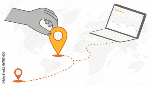 Tracking location on laptop global connection digital map online journey route planning hand placing marker.
