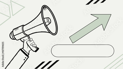 Hand holding megaphone with upward arrow announcement marketing advertising illustration.