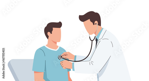 Doctor using stethoscope examining male patient heart for healthcare diagnosis