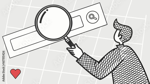 Searching for information online person using magnifying glass over search bar vector illustration.
