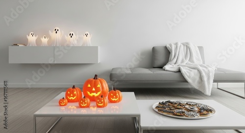 Modern Halloween decor with pumpkins, ghosts, and cookies for festive vibes