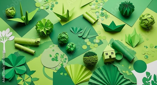 Collection of Handmade Green Paper Crafts and Origami Art Flat Lay.