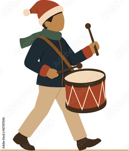 Festive Drummer Boy in Santa Hat Playing a Drum.
