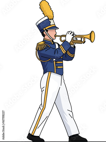 Marching Band Musician Playing Trumpet in Uniform.