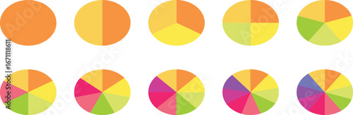 Pie chart set, segmented circle icons, circle diagram. Pie chart divided 1,2,3,4,5,6 equal parts. 