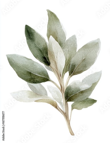 Watercolor sprig of muted sage leaves