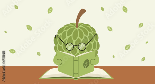 Whimsical Custard Apple Character Immersed in Literary Study, A Refreshing Concept