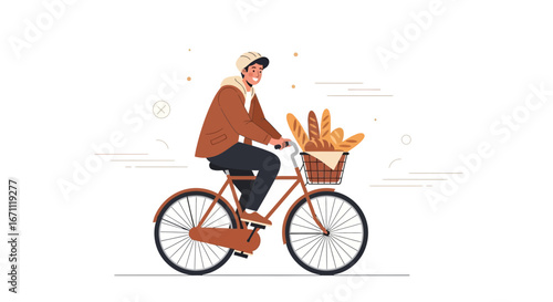 Smiling Delivery Person Cycling With Baskets Of Bread For Fresh Artisan Bakery