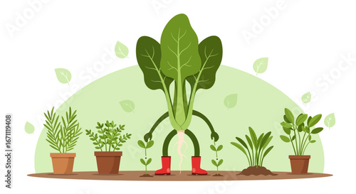 Whimsical Gardener: Animated Cartoon Illustration Depicting Plant Life and Gardening Fun