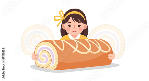 Smiling Girl Showcasing Delicious Swiss Roll Cartoon Illustration With Delightful Decorations