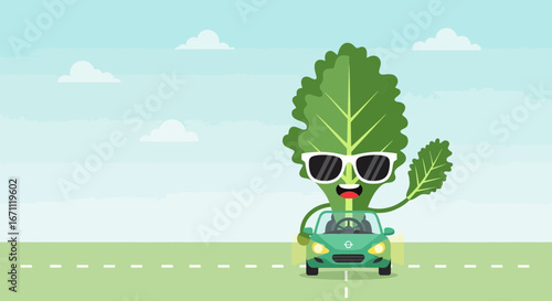 Smiling Leafy Character Driving A Green Car On A Sunny Bright Day, Enjoying Journey