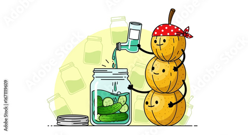 Whimsical Illustration of Cucumbers Pickling, with Fruity Characters Assisting in the Process